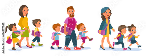 Cartoon parents with children walk. Adults accompany students. School year beginning. Kids with backpacks go to study. Babies accompaniment by mother and father. Splendid vector set