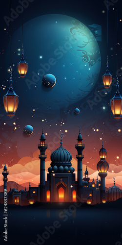 Eid Mubarak, Eid al-Fitr and Ramadan. Illustrations of a holiday, an evening mosque with a crescent moon, for banner background © arhendrix