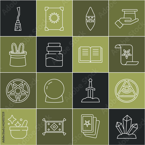 Set line Magic stone, Masons, Ancient magic book, Wizard warlock, Bottle with potion, Magician hat and rabbit ears, Witches broom and icon. Vector