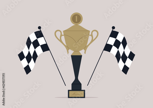 Car race award ceremony, a goblet and checkered flags, a competition trophy