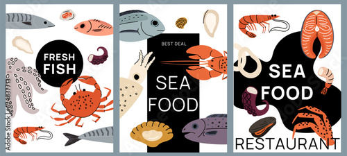 Cartoon seafood cards. Marine products banners. Fresh restaurant delicacies. Tasty fish and oyster. Natural ocean squid. Lobster and mussels. Tuna or salmon cooking. Garish vector set