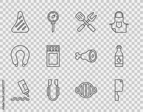 Set line Sauce bottle, Meat chopper, Crossed fork and spatula, tongs, Steak meat, Matchbox matches, Barbecue grill and Tabasco sauce icon. Vector