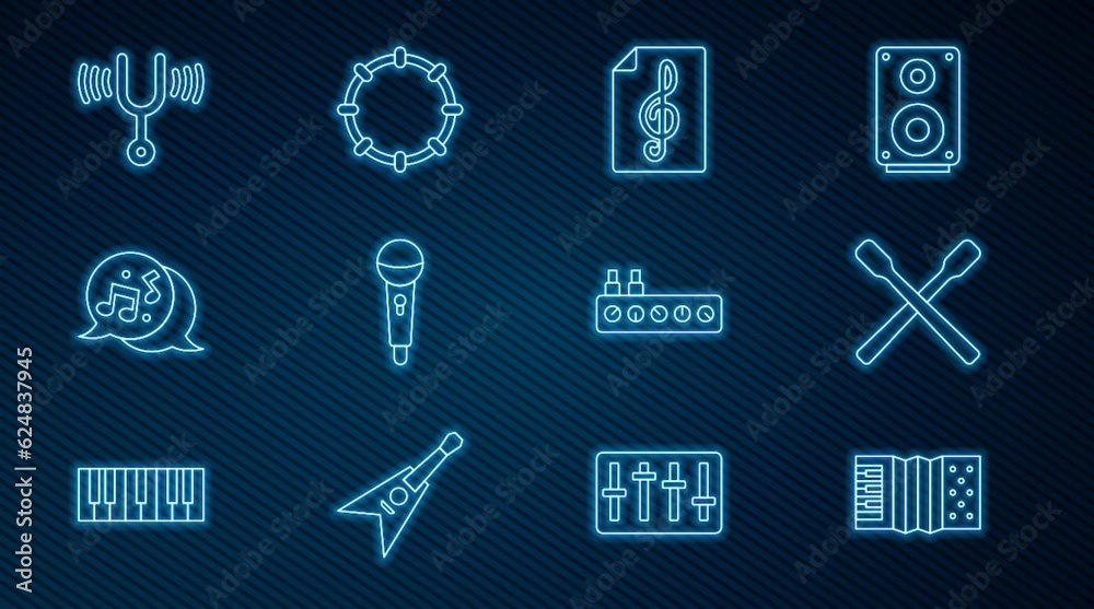 Set line Accordion, Drum sticks, Treble clef, Microphone, Music note, tone, Musical tuning fork, Sound mixer controller and Tambourine icon. Vector Set line Accordion, Drum sticks, Treble clef, Microphone, Music note, tone, Musical tuning fork, Sound mixer controller and Tambourine icon. Vector
