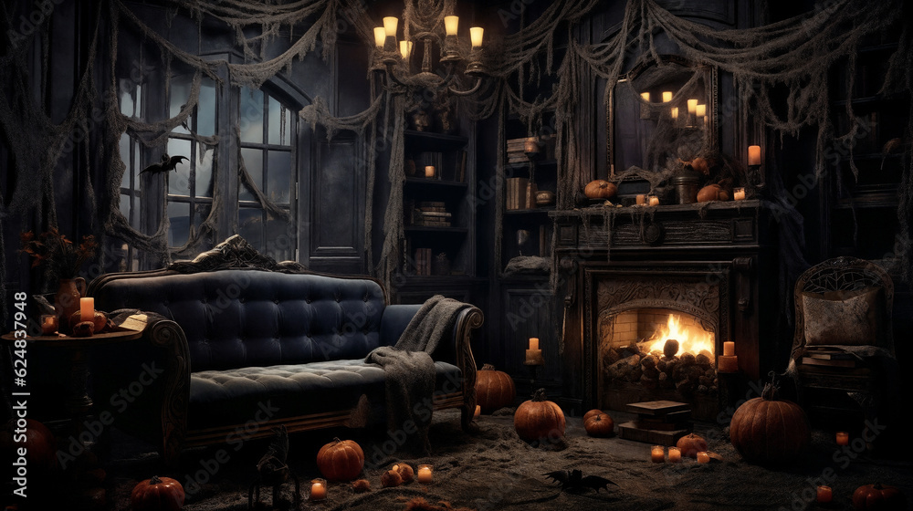 Living room is decorated for Halloween. Generative AI