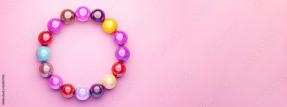 Obraz premium 3d rendering of colorful glass spheres in circle shape on pink background with copy space,generative ai