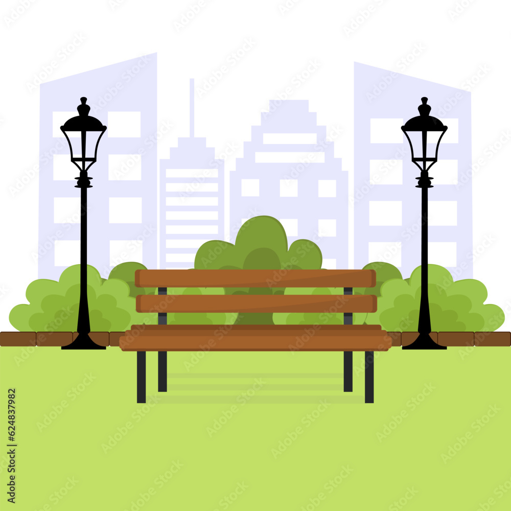 Bench and streetlight in the park. Vector illustration of a beautiful summer city park with town building background