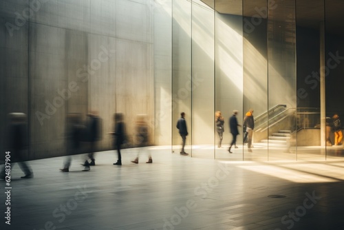 Print op canvas Blurred people walking in modern city by Generative AI