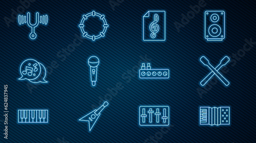 Set line Accordion, Drum sticks, Treble clef, Microphone, Music note, tone, Musical tuning fork, Sound mixer controller and Tambourine icon. Vector