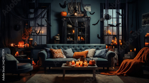 Living room is decorated for Halloween. Generative AI © Konstantin Yuganov