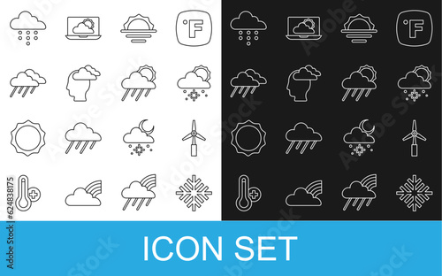 Set line Snowflake, Wind turbine, Cloud with snow and sun, Sunrise, Man having headache, rain, and icon. Vector