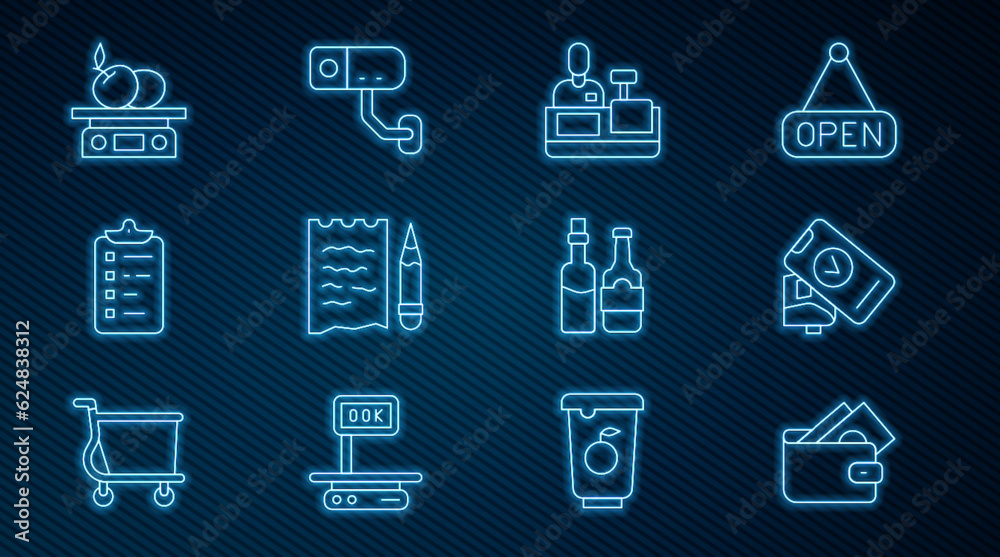 Set line Wallet with money, POS terminal, Cashier at cash register, Shopping list and pencil, Electronic scales for product, Whiskey bottle and Security camera icon. Vector Set line Wallet with money, POS terminal, Cashier at cash register, Shopping list and pencil, Electronic scales for product, Whiskey bottle and Security camera icon. Vector