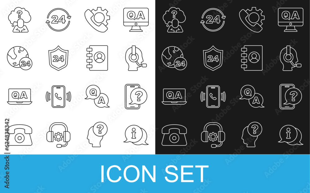 Set line Information, Telephone 24 hours support, Man with headset, Head question mark and Address book icon. Vector