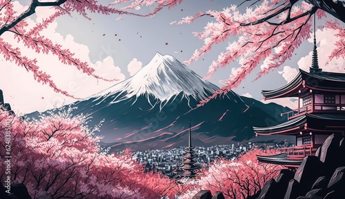 Beautiful pink sakura cherry blossom with mountain, spring landscape, cartoon manga anime art style, AI generated