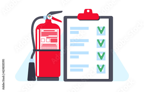 Fire fighting checklist. Extinguisher and paper tablet with checkmarks. Document at clipboard. Firefighting safety. Flame prevention checklist page. Extinguishing guidance. Vector concept
