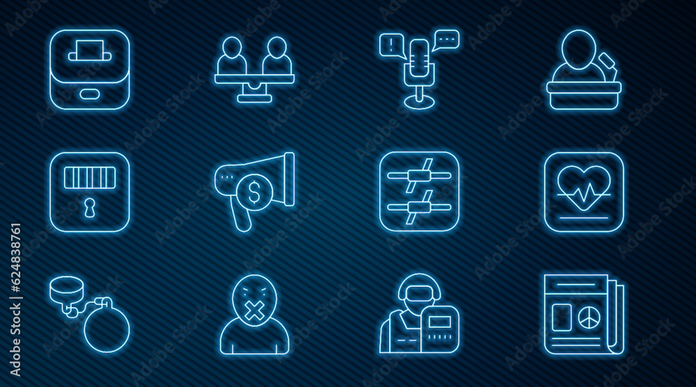 Set line News, Heart rate, Freedom of speech, Megaphone and dollar, Prison cell door, Vote box, Barbed wire and Gender equality icon. Vector