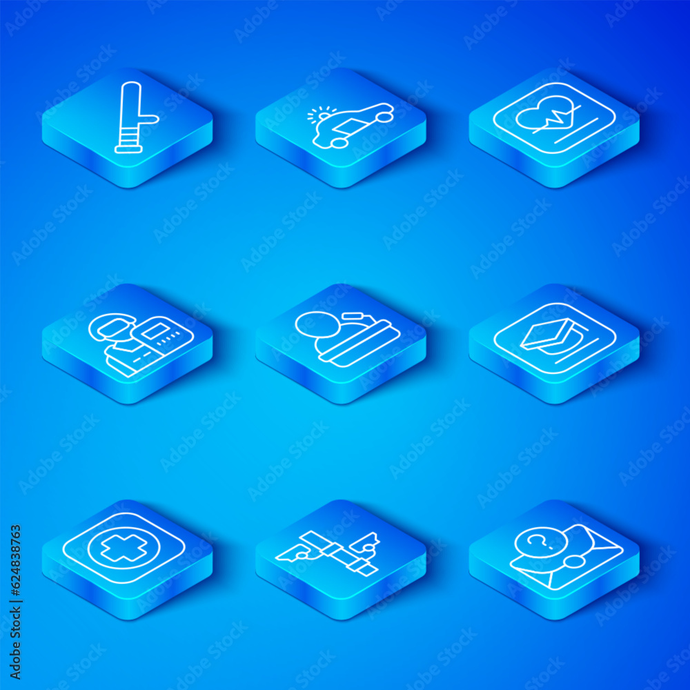 Set line Hospital signboard, Speaker, Security camera, Graduation cap, Heart rate, Police officer, rubber baton and Envelope with question mark icon. Vector Set line Hospital signboard, Speaker, Security camera, Graduation cap, Heart rate, Police officer, rubber baton and Envelope with question mark icon. Vector