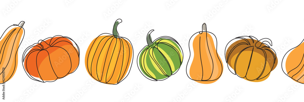 Pumpkins seamless border. Different types of pumpkins seamless banner. Continuous line drawing pumpkins. Autumn pumpkin line art set. Minimalist art