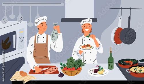 Fish restaurant chefs cooking food. Professional cooks in kitchen. Seafood preparation. People cut salmon steaks. Sea delicacies preparing. Products on counter. Garish vector concept