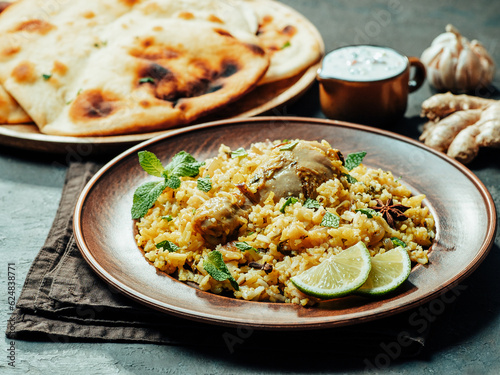 Pakistani food - biryani rice with chicken, raita yoghurt dip and naan flat bread. Delicious hyberabadi chicken biryani on black background