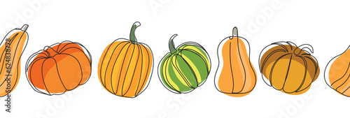 Pumpkins seamless border. Different types of pumpkins seamless banner. Continuous line drawing pumpkins. Autumn pumpkin line art set. Minimalist art