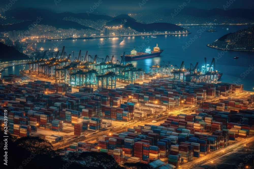 Aerial view of international containers cargo ship at industrial import-export port business logistics at night, AI generated