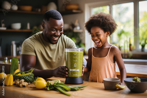 Happy black family blending fresh vegetables and making smoothie in the kitchen.