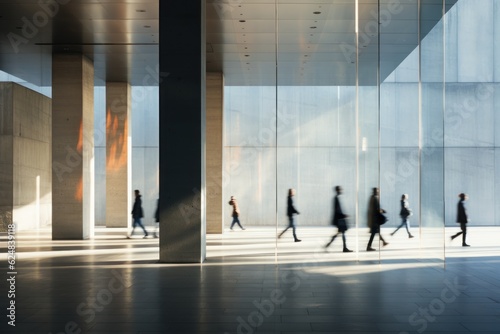 Blurred people walking in modern city by Generative AI