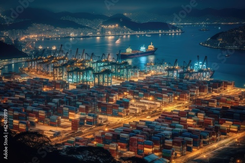 Aerial view of international containers cargo ship at industrial import-export port business logistics at night  AI generated