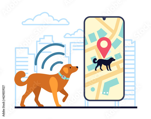 GPS collar on dog to track city location. Smartphone app. Urban map. Pets geolocation. Puppy direction monitoring. Animal tracking. Mobile technology. Phone navigator. Vector concept