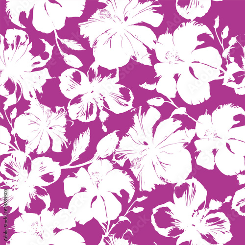 Seamless pattern of white hibiscus flowers in an abstract style on a lilac background.