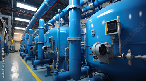 A bunch of blue pipes and valves in a building. Generative AI. Industrial boiler room and water factory.
