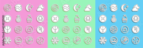 Set line Full moon, Symbol Jupiter, Libra zodiac, Moon and stars, Uranus, Gemini, and Bottle of water icon. Vector