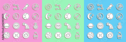 Set line Bottle of water, Symbol Uranus, Mars symbol, Telescope, Eclipse the sun, Moon and stars, Sun and icon. Vector
