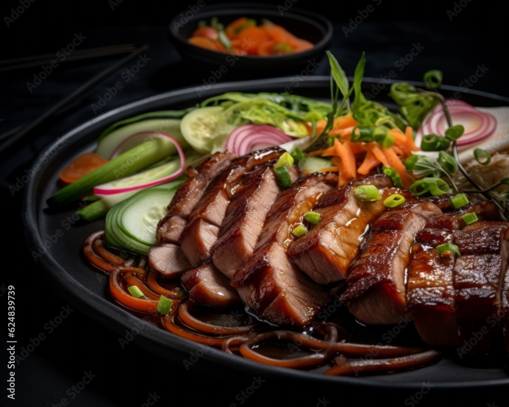 Char Siu, featuring slivers of succulent honey glazed pork arranged on a black round platter along with pickled vegetables Char Siu, featuring slivers of succulent honey glazed pork arranged on a black round platter along with pickled vegetables