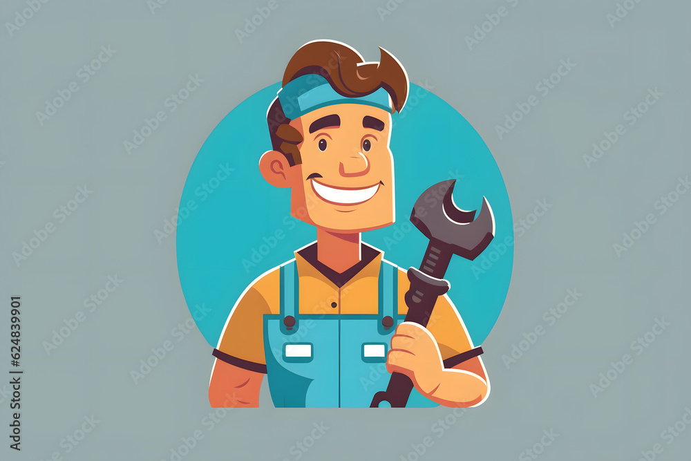 A plumber in overalls holds a monkey wrench in his hand and smiles