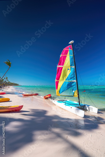 Fototapeta Naklejka Na Ścianę i Meble -  Colorful catamaran sailboat on tropical beach and caribbean sea