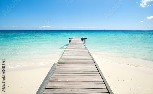 快晴の青空と美しいビーチにかかる木製の桟橋
