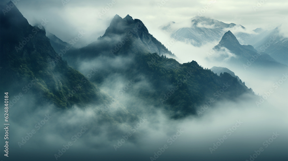 Mountains with fog and clouds. Generative AI. Mountains with fog and clouds. Generative AI.