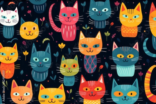 Illustration of a group of cats posing on a black background created with Generative AI technology