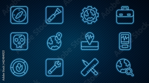 Set line Magnifying glass with globe, Seismograph, Gear wheels and earth, Location on the, Archeology, Compass, Earthquake and Paint brush icon. Vector