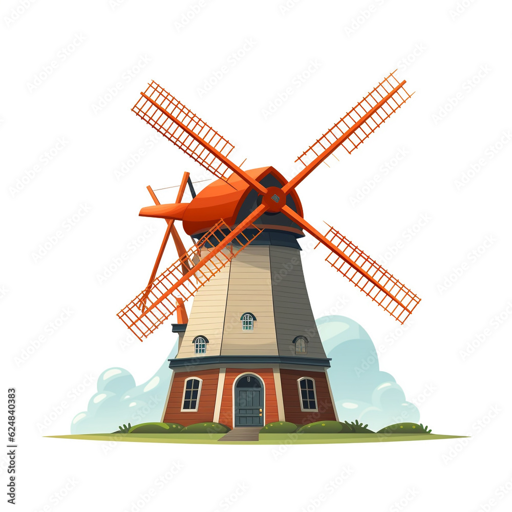 2D illustration of a windmill isolated on a white background. The windmill has four long and large blades. Windmills are used in agriculture.
