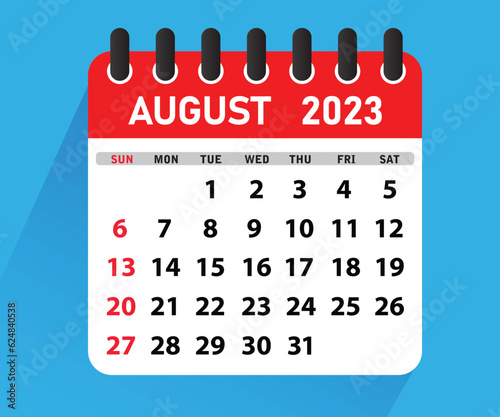 August 2023 Calendar Leaf. Calendar 2023 in flat style. August 2023 Calendar. Wall Desk Calendar Vector Template, Simple Minimal Design. Vector illustration