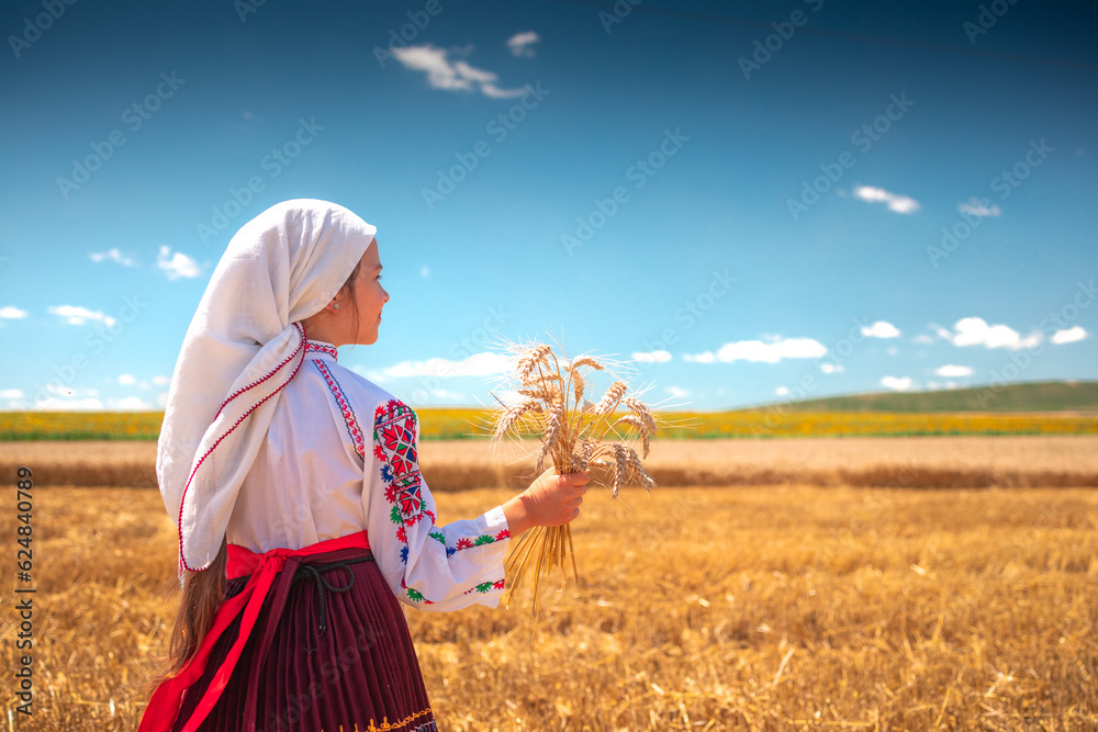 harvest time of golden wheat field and girl in traditional ethnic folklore costume with Bulgarian embroidery working on a meadow - obrazy, fototapety, plakaty 
