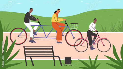 Multiethnic family activity. Multiracial couple with son riding bikes in park. Outdoor sportive pastime in nature. Parents with kids on bicycles. Indians or Africans people. Vector concept