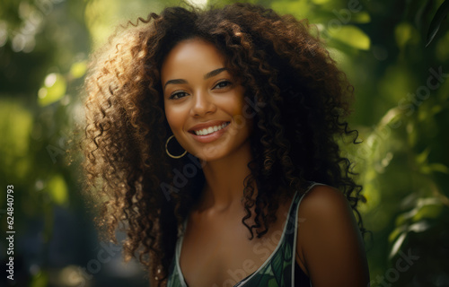 Closeup of a smiling young woman in the wilderness. Generative AI