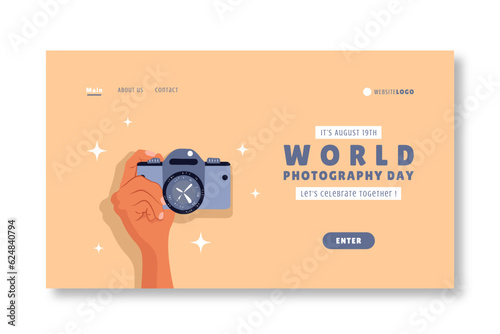 Landing page template for world photography day, vector illustration