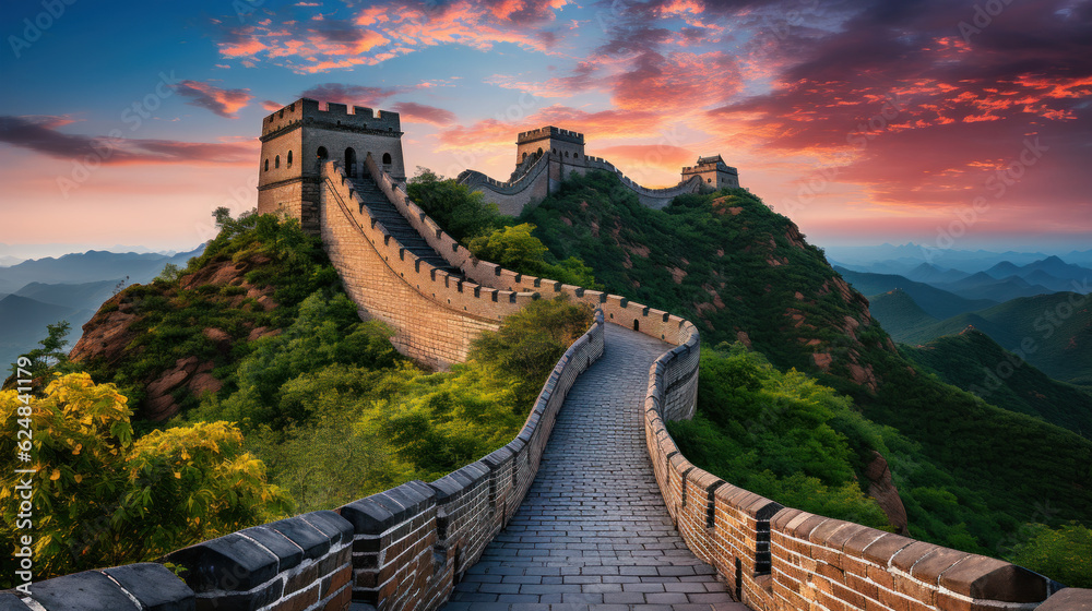 Big Great Wall of China at sunset,panoramic view. Generative AI. - obrazy, fototapety, plakaty 
