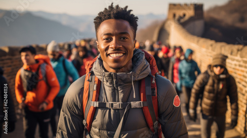 Photographie Young african american tourist man with backpack on Great Wall of China