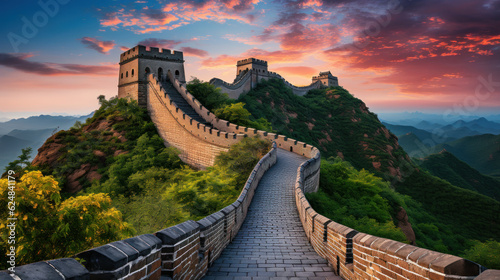 Foto Big Great Wall of China at sunset,panoramic view. Generative AI.