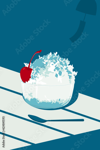 Illustration of  blue shaved ice topping with red cherry. Blue wind chime background. 